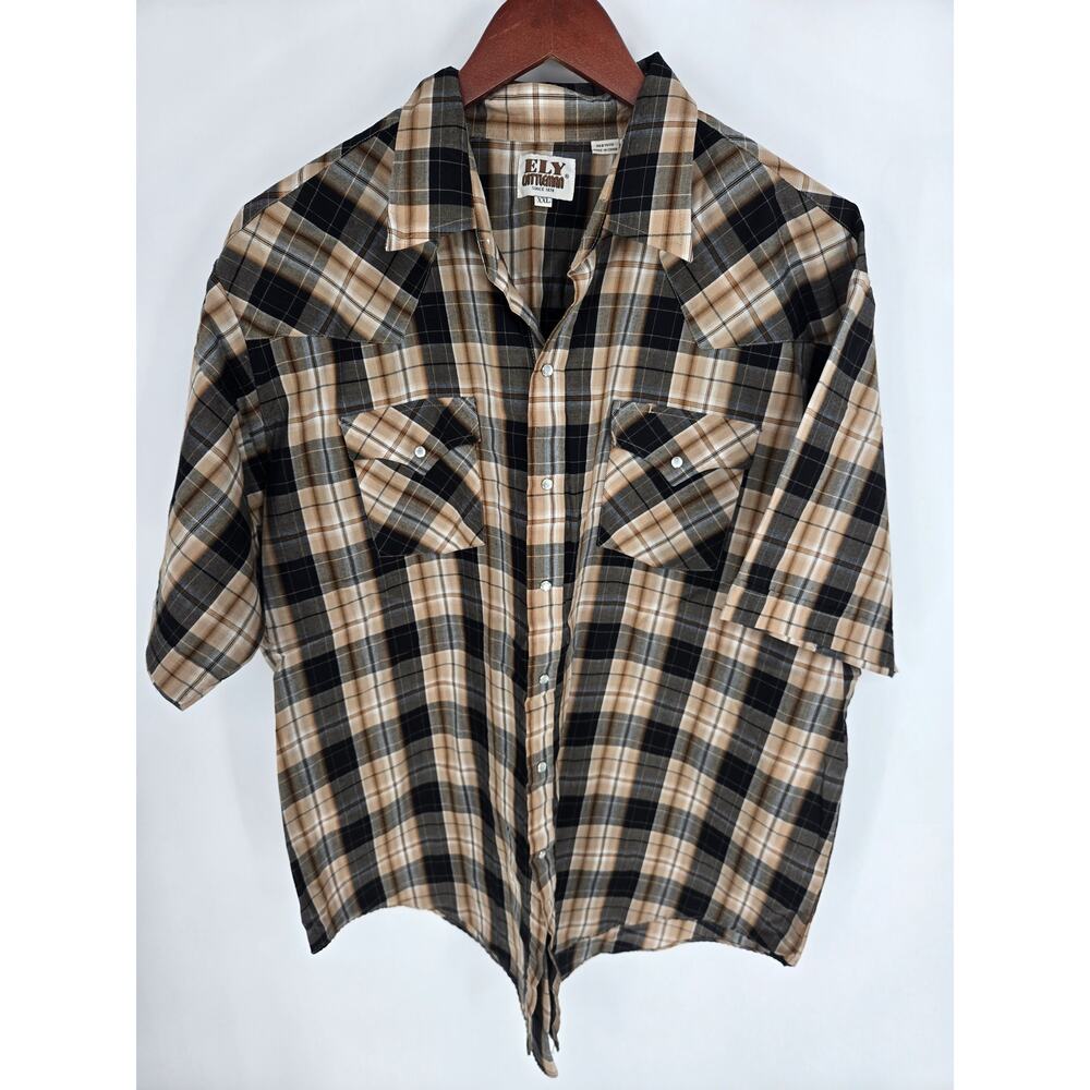 Ely Cattleman Vintage Western Pearl Snap black tan short sleeve shirt Men's XXL